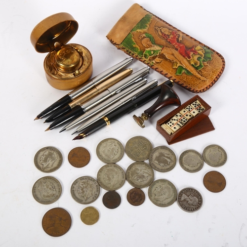 436 - Various collectables, including Parker pens, leather travelling inkwell, miniature bone dominos etc