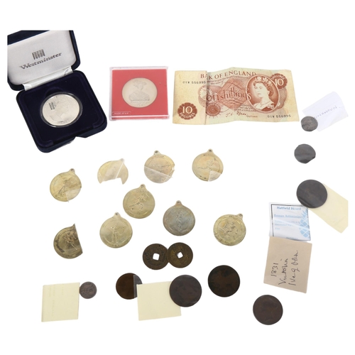 438 - Various coins, including Hatfield hoard, bronze antoninianus, Elizabeth II Falkland Islands silver 4... 