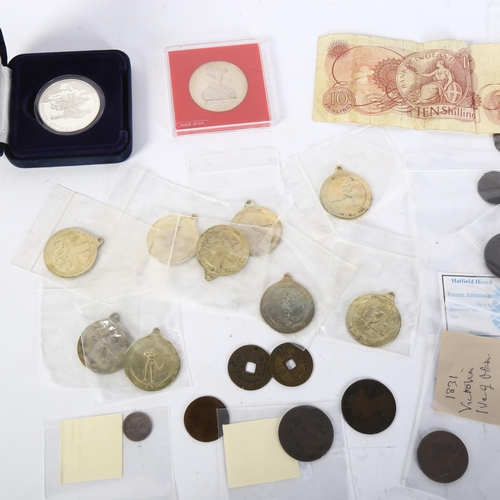 438 - Various coins, including Hatfield hoard, bronze antoninianus, Elizabeth II Falkland Islands silver 4... 