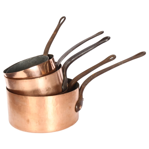 447 - A selection of 5 French copper pans, largest diameter 21cm