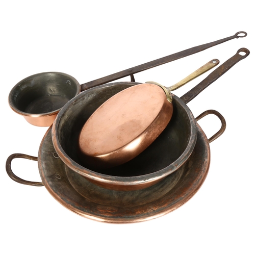 449 - A large oval French copper 2-handled pan, diameter 38cm, a large copper frying pan with iron handle,... 