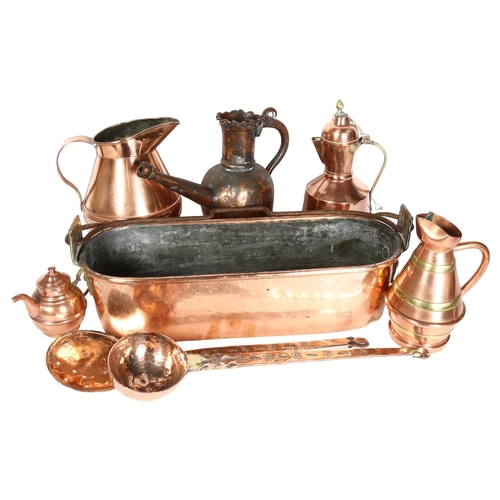 450 - A Vintage French copper fish kettle, length 48cm, 2 copper utensils, a ladle and a spoon, and 5 Vint... 