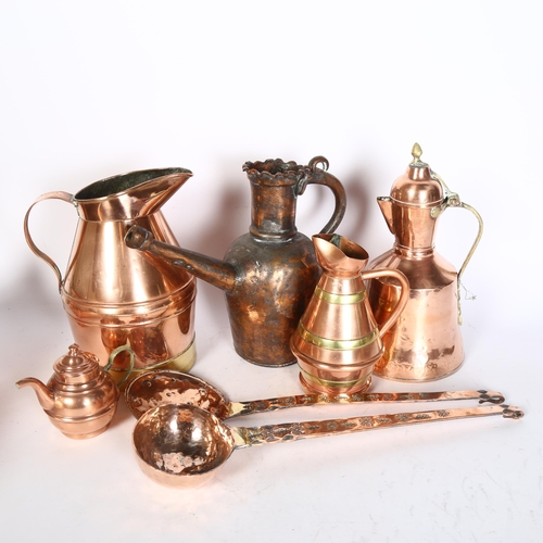 450 - A Vintage French copper fish kettle, length 48cm, 2 copper utensils, a ladle and a spoon, and 5 Vint... 