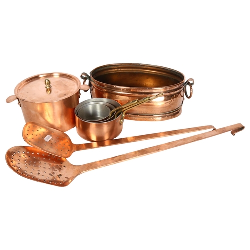 452 - A group of French Vintage copper items, including an oval-shaped pan, marked to the underside Cuivre... 