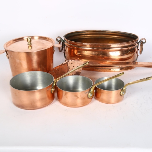 452 - A group of French Vintage copper items, including an oval-shaped pan, marked to the underside Cuivre... 