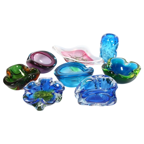 466 - A group of Vintage Art glass bowls and vases, all unsigned, including several blue glass bowls and v... 