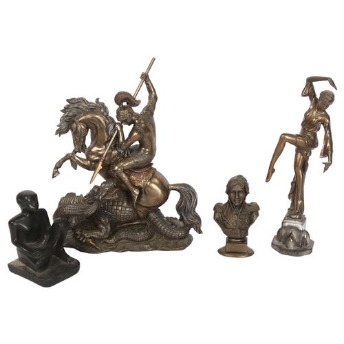 474 - A resin bronzed sculpture of St George The Dragon Slayer, height 32cm, a spelter statue of a balleri... 