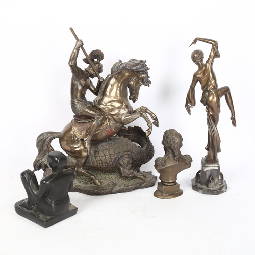 474 - A resin bronzed sculpture of St George The Dragon Slayer, height 32cm, a spelter statue of a balleri... 