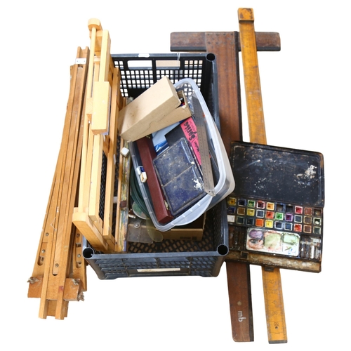 484 - A quantity of artist's  and drawing materials, to include a Vintage pine easel, a Vintage T-square, ... 