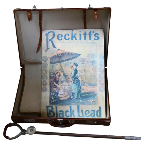 490 - A Vintage cardboard leather-covered suitcase, by Legge, a Vintage shooting stick, and a Reckitt's bl... 