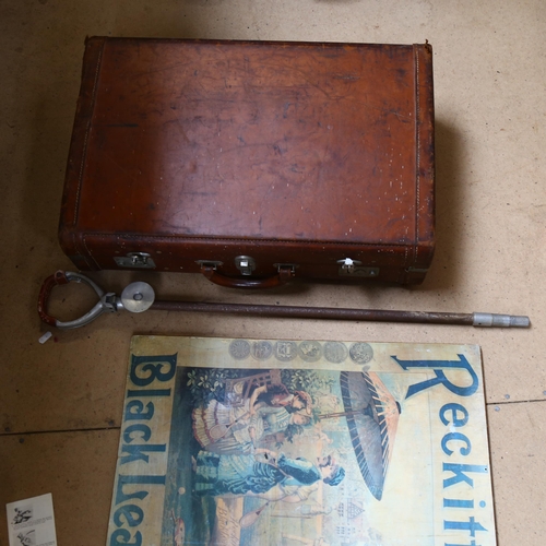 490 - A Vintage cardboard leather-covered suitcase, by Legge, a Vintage shooting stick, and a Reckitt's bl... 