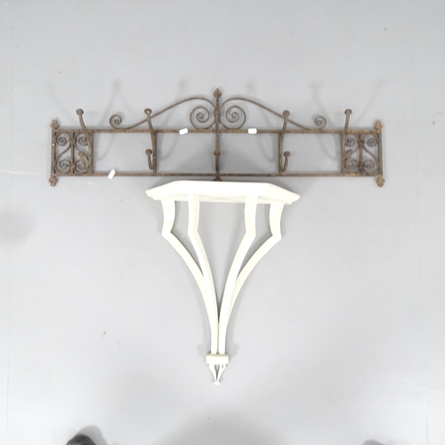 2201 - A vintage wrought iron hat and coat rack, 100x30cm And a painted wall bracket, 45x60x24cm (2).