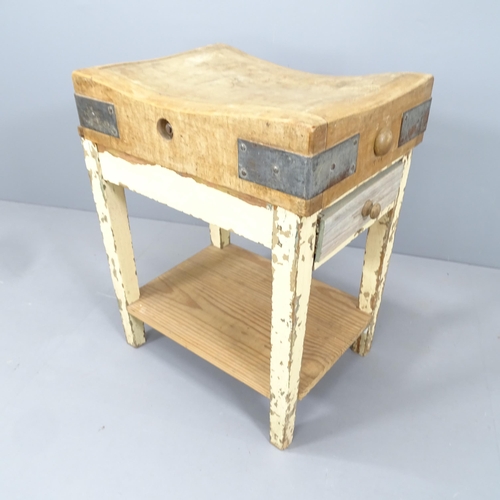 2204 - An antique pine topped butcher's block, on painted base with single frieze drawer. Initialled S K to... 