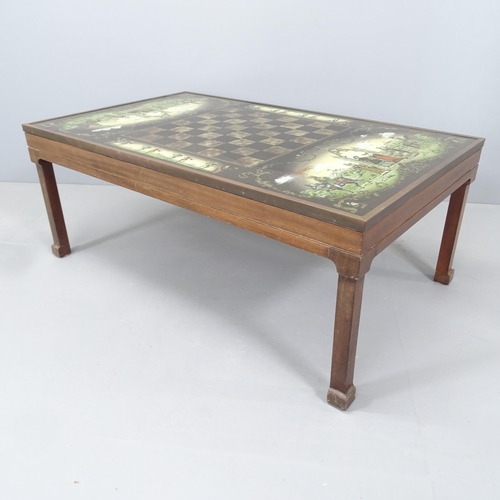 2208 - A contemporary craftsman made games top coffee table, with reverse painted glass top on mahogany bas... 