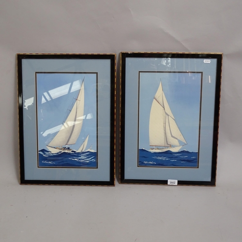 2802 - Georges Fouille, pair of coloured lithographs, racing yachts, image 37cm x 23cm, 53cm x 39cm overall... 