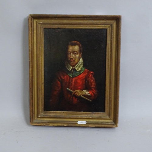 2804 - 19th century oil on panel, portrait of Sir Walter Raleigh, unsigned, image 24cm x 18cm, 32cm x 26cm ... 