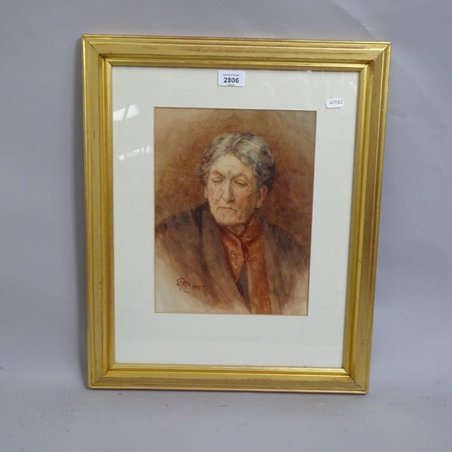 2806 - An early 20th century watercolour, portrait study of a lady, signed with monogram and dated 1907, 53... 