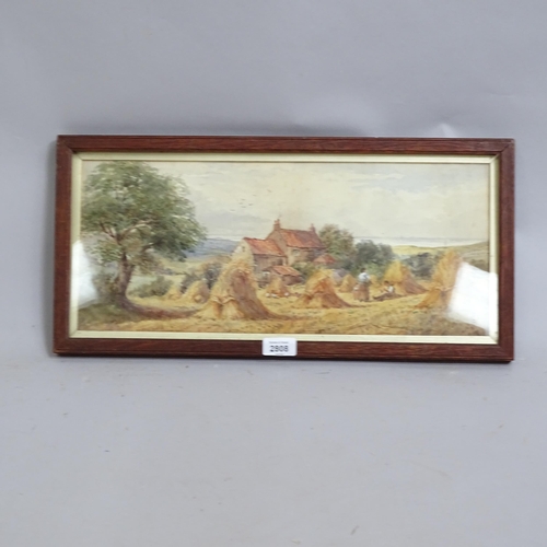 2808 - 19th century watercolour, haymaking scene, unsigned, 26cm x 54cm overall