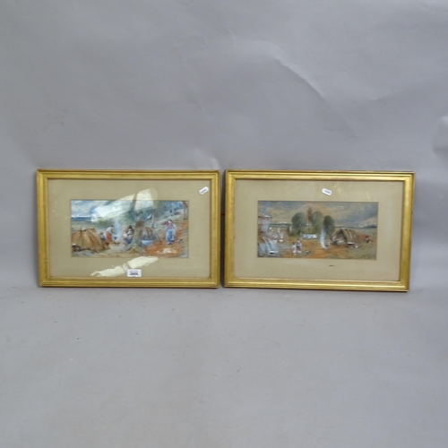 2809 - A pair of early 20th century watercolours, figures around campfires, image 15cm x 32cm, 33cm x 50cm ... 