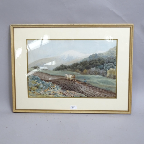 2814 - George Crozier, watercolour circa 1900, ploughing scene, signed, 34cm x 51cm, framed