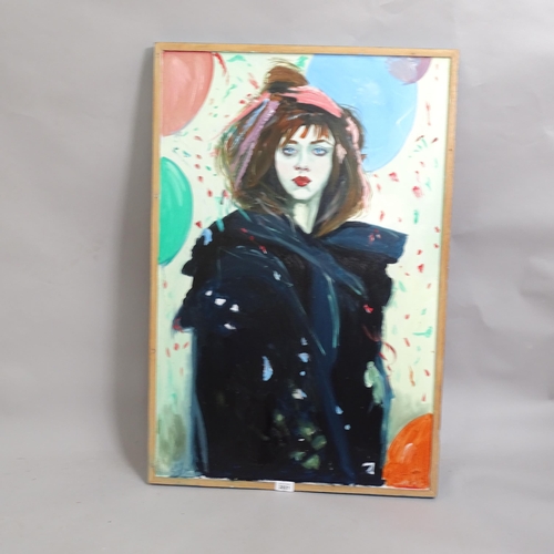 2821 - Clive Fredriksson, oil on board, portrait of a girl at a party, 91cm x 61cm overall, framed