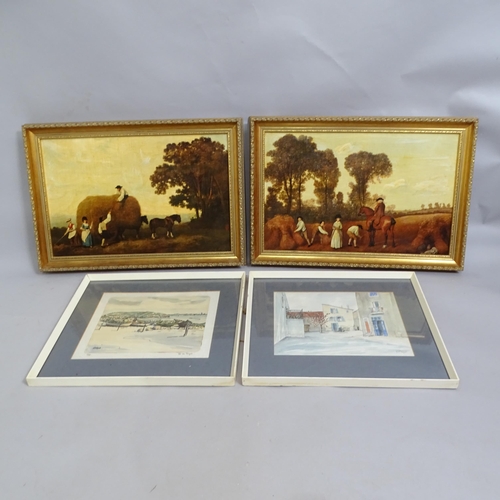 2828 - K A Wylie, watercolour, provincial street scene, and Continental beach view, and a pair of framed ol... 