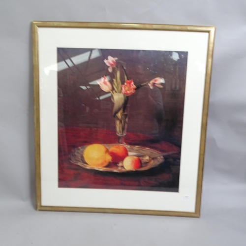 2838 - Henry Fantin-Latour, modern still life coloured print of tulips and fruit, and 2 other prints by dif... 