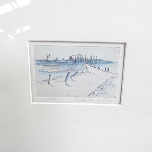 2843 - Wolfgang Werkmeister, coloured etching, coastal landscape, signed in pencil, dated '74, image 8.5cm ... 