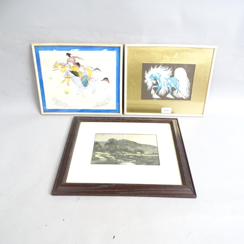 2855 - E J W Prior, watercolour, landscape, signed and framed, and 2 Native American gouaches, horse studie... 