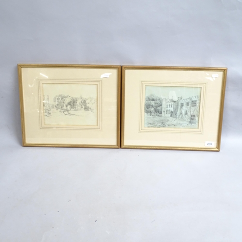 2862 - 2 unsigned pencil drawings, study of Battle Abbey, 1 dated 1833, 37cm x 43cm overall, framed