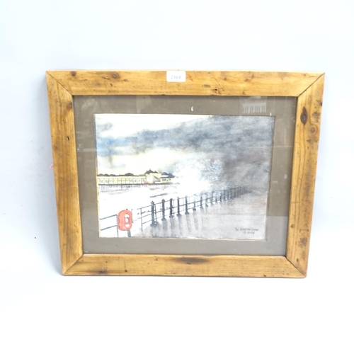 2868 - Leighton Goobie, watercolour, storm swept pier, 29cm x 38cm, framed