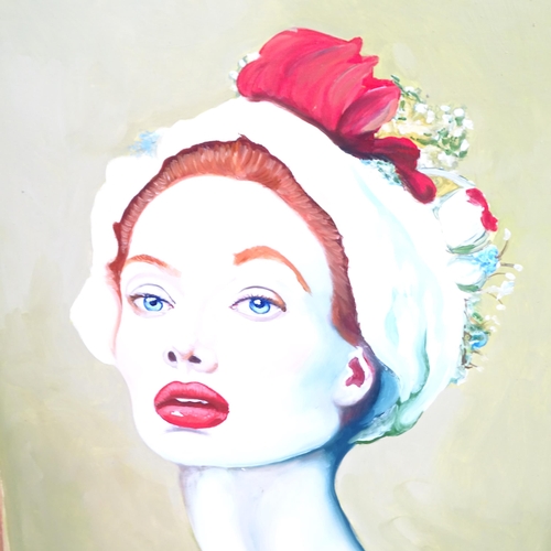 2869 - Clive Fredriksson, oil on board, portrait study, lady with a floral headdress, 45cm x 63cm overall, ... 