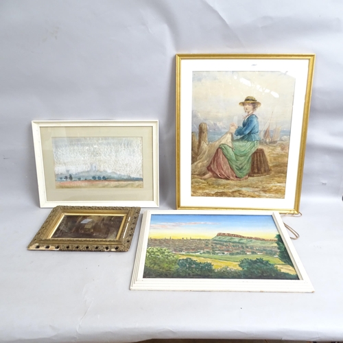 2887 - A reverse print on glass, cathedral study, watercolour, study of a figure sewing on the beach, and 2... 