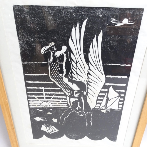 2889 - James Dodds, falling angel, woodcut print, signed in pencil, image 40cm x 27cm, framed