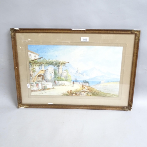 2890 - Catano, watercolour, Mediterranean coastal view, 44cm x 63cm overall, framed