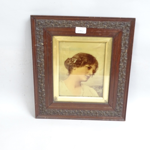 2902 - Hand coloured reverse print behind convex glass panel, portrait of a young girl, in original relief ... 