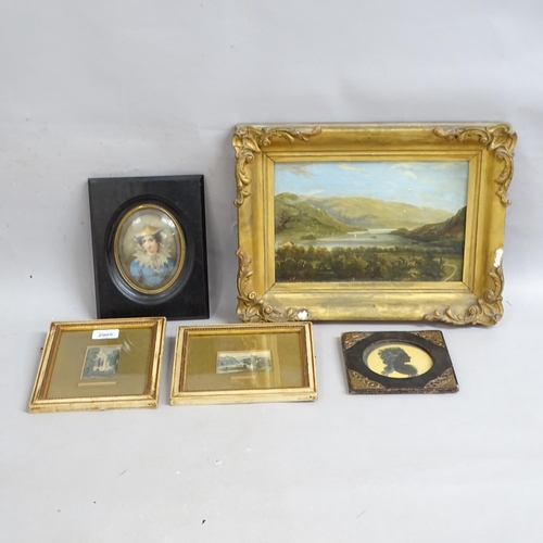 2905 - A group of pictures, to include an oil on board, landscape, in gilt-gesso frame, a framed miniature ... 