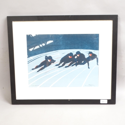 2911 - Linocut print, contemporary study of speed skaters, framed