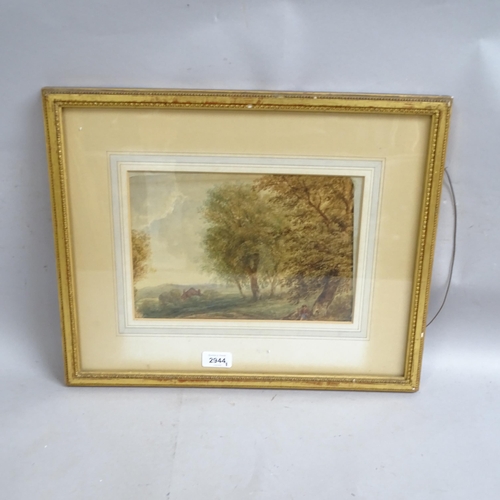 2944 - 19th century watercolour, figures in a landscape, indistinctly signed, 38cm x 46cm overall, framed