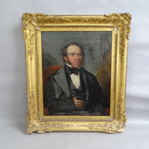 2946 - 19th century oil on canvas, half length portrait of a gentleman seated in a red chair, image 77cm x ... 