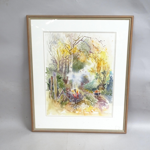 2947 - Karen Simmons, 2 watercolours, still life, wild foxgloves, and garden bonfire, largest 76cm x 63cm o... 