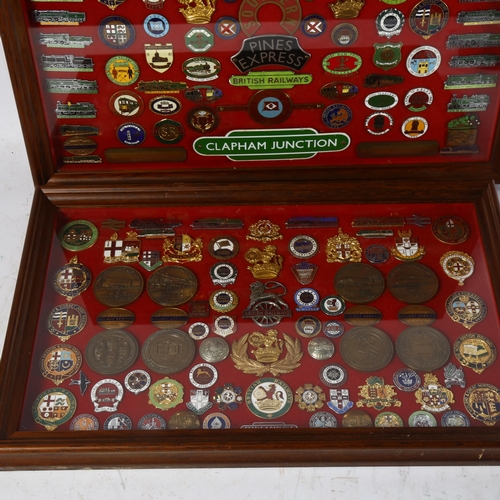 364 - 2 glazed and framed collections of enamel and other railway badges and commemorative medals, includi... 