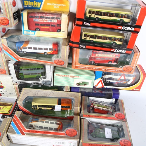 52 - A boxful of various diecast vehicles, mostly bus-related in nature, including Mini Corgi, The Origin... 