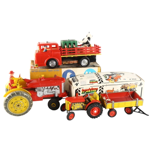 72 - LOUIS MARX - a Vintage battery operated reversible farm tractor, unboxed, a Marx farm truck, complet... 