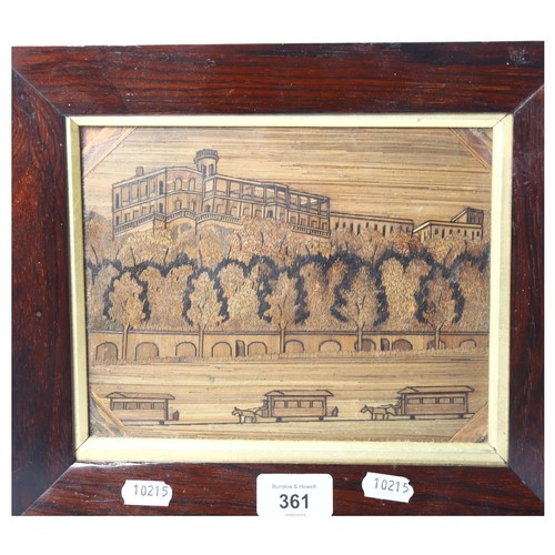 361 - A 19th century straw-work picture, depicting horse-drawn carriages along a tree-lined road, in a ros... 