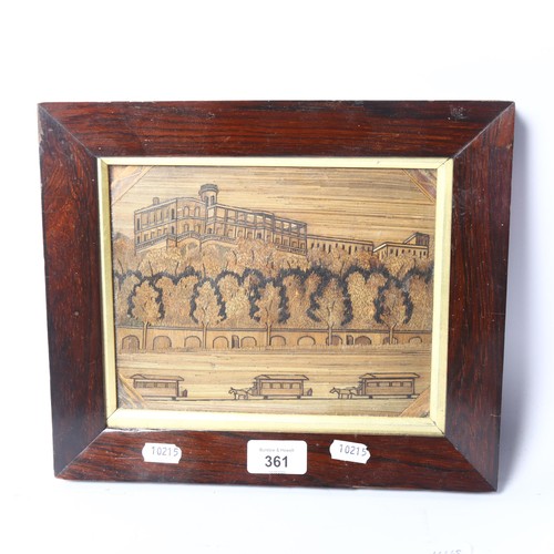 361 - A 19th century straw-work picture, depicting horse-drawn carriages along a tree-lined road, in a ros... 