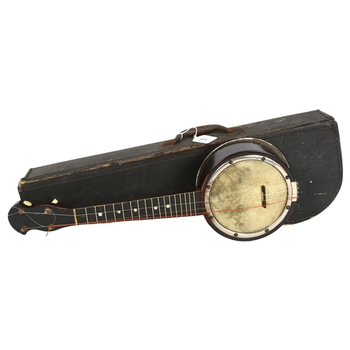 520 - A Vintage stained wood 4-string banjo ukulele, in Vintage hardshell carry case, case, including box ... 