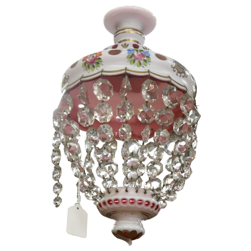 557 - A 20th century Bohemian glass baguette chandelier, enamel shade and glass lustre drops, drop 40cm