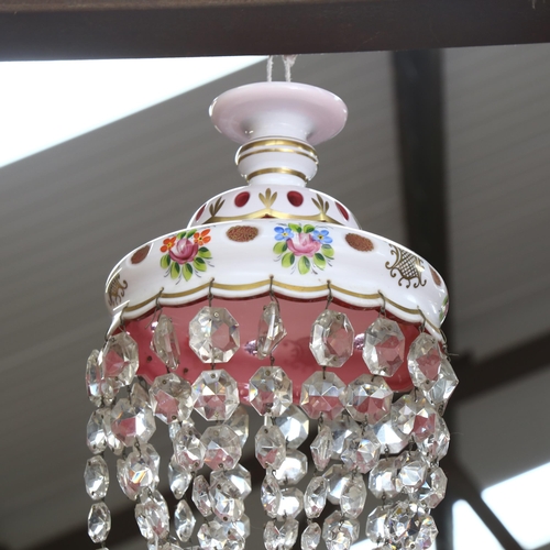 557 - A 20th century Bohemian glass baguette chandelier, enamel shade and glass lustre drops, drop 40cm