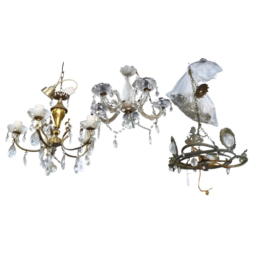 559 - A gilt-metal 4-branch chandelier with glass lustres, drop approx 65cm, a pressed metal chandelier wi... 